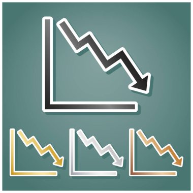 Ok aşağıya doğru, krizi gösteriyor. Gri, altın, gümüş ve bronz renkli metalik simgeler seti. Beyaz çizgili ve Viridan arka planında gölgeli..