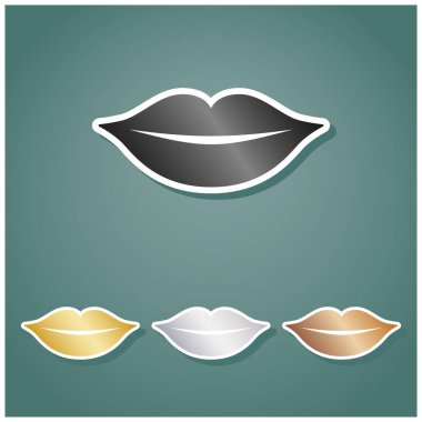 Dudaklar illüstrasyon imzalar. Gri, altın, gümüş ve bronz renkli metalik simgeler seti. Beyaz çizgili ve Viridan arka planında gölgeli..