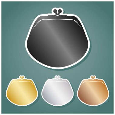 Cüzdan tabela çizimi. Gri, altın, gümüş ve bronz renkli metalik simgeler seti. Beyaz çizgili ve Viridan arka planında gölgeli..