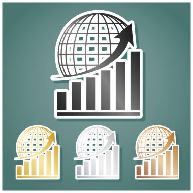 Dünyayla birlikte büyüyen grafik. Gri, altın, gümüş ve bronz renkli metalik simgeler seti. Beyaz çizgili ve Viridan arka planında gölgeli..