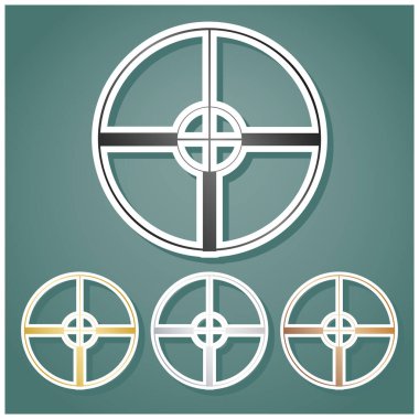 Görme işareti çizimi. Gri, altın, gümüş ve bronz renkli metalik simgeler seti. Beyaz çizgili ve Viridan arka planında gölgeli..