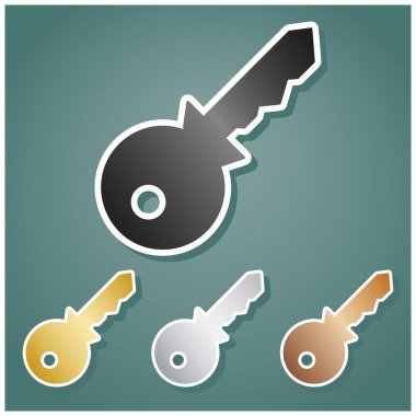 Anahtar işareti çizimi. Gri, altın, gümüş ve bronz renkli metalik simgeler seti. Beyaz çizgili ve Viridan arka planında gölgeli..