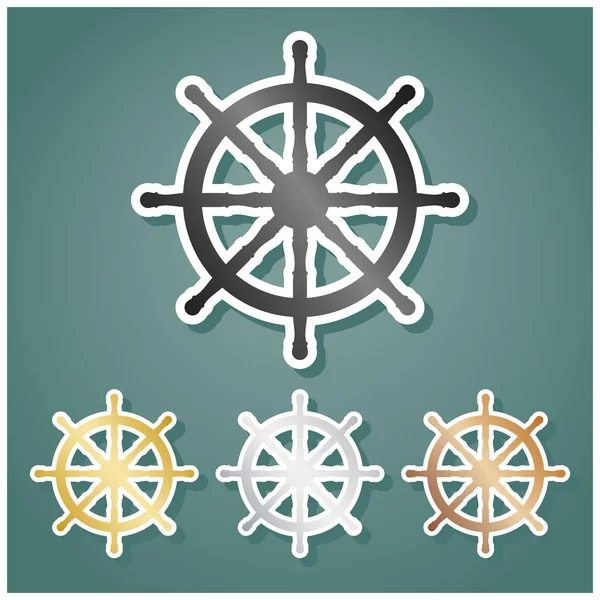 船の車輪の標識 青銅のグラデーションを背景に白い輪郭と影を持つ金属のアイコンのセット — ストックベクタ
