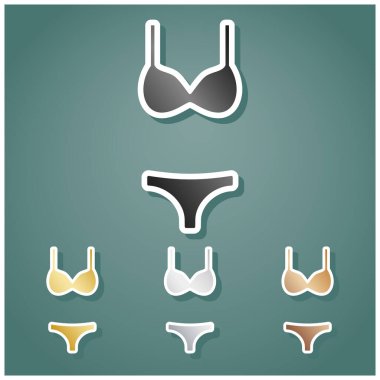 Kadın mayo tabelası. Gri, altın, gümüş ve bronz renkli metalik simgeler seti. Beyaz çizgili ve Viridan arka planında gölgeli..