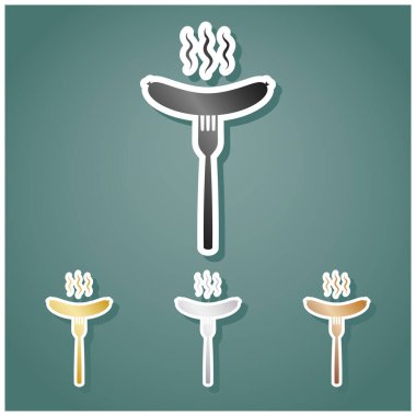 Çatal üzerinde sosis. Gri, altın, gümüş ve bronz renkli metalik simgeler seti. Beyaz çizgili ve Viridan arka planında gölgeli..