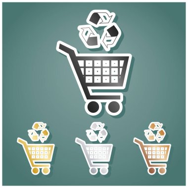 Geri dönüşüm işaretli bir alışveriş arabası ikonu. Gri, altın, gümüş ve bronz renkli metalik simgeler seti. Beyaz çizgili ve Viridan arka planında gölgeli..