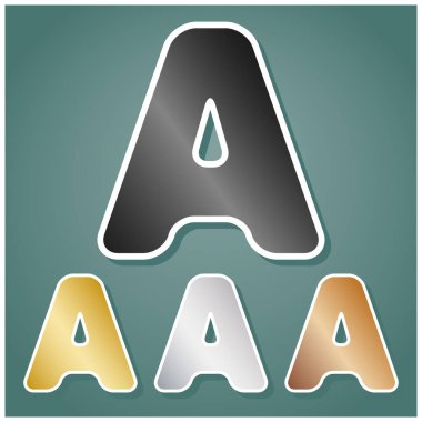 Harf A işaret tasarım şablonu ögesi. Gri, altın, gümüş ve bronz renkli metalik simgeler seti. Beyaz çizgili ve Viridan arka planında gölgeli..