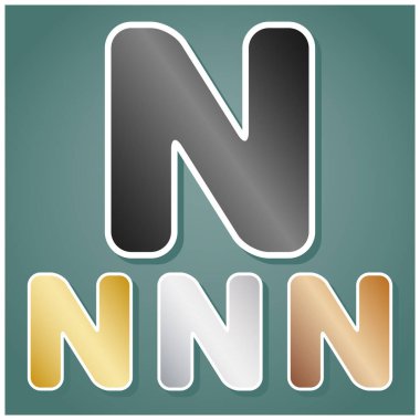 N harfi tasarım şablonu ögesi. Gri, altın, gümüş ve bronz renkli metalik simgeler seti. Beyaz çizgili ve Viridan arka planında gölgeli..