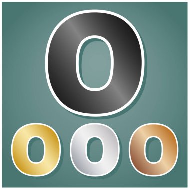 O harfi tasarım şablonu ögesi. Gri, altın, gümüş ve bronz renkli metalik simgeler seti. Beyaz çizgili ve Viridan arka planında gölgeli..