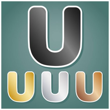 U harfi tasarım şablonu elemanı. Gri, altın, gümüş ve bronz renkli metalik simgeler seti. Beyaz çizgili ve Viridan arka planında gölgeli..