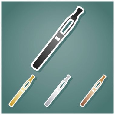 E-sigara işareti. Gri, altın, gümüş ve bronz renkli metalik simgeler seti. Beyaz çizgili ve Viridan arka planında gölgeli..