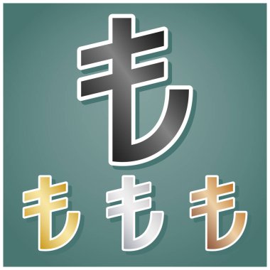 Turkiey Lira işareti. Gri, altın, gümüş ve bronz renkli metalik simgeler seti. Beyaz çizgili ve Viridan arka planında gölgeli..