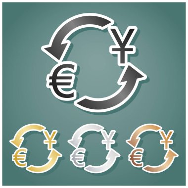 Döviz kurları tabelası. Dolar ve Euro. Gri, altın, gümüş ve bronz renkli metalik simgeler seti. Beyaz çizgili ve Viridan arka planında gölgeli..