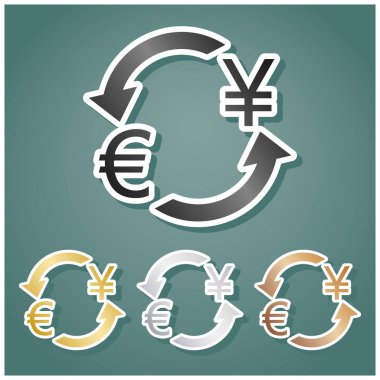 Döviz kurları tabelası. Euro ve Japan Yen. Gri, altın, gümüş ve bronz renkli metalik simgeler seti. Beyaz çizgili ve Viridan arka planında gölgeli..