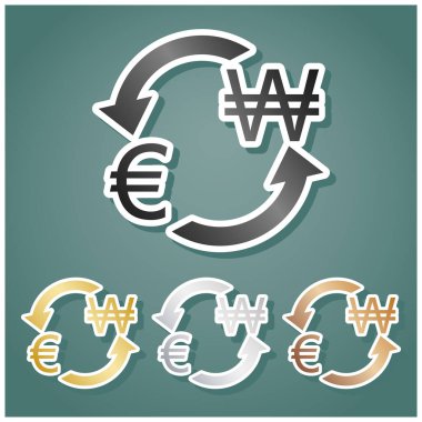 Döviz kurları tabelası. Euro ve Güney Kore Won 'u. Gri, altın, gümüş ve bronz renkli metalik simgeler seti. Beyaz çizgili ve Viridan arka planında gölgeli..