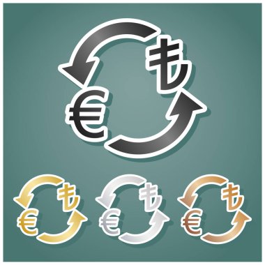 Döviz kurları tabelası. Euro ve Turkey Lira. Gri, altın, gümüş ve bronz renkli metalik simgeler seti. Beyaz çizgili ve Viridan arka planında gölgeli..