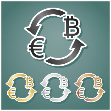 Döviz kurları tabelası. Euro ve Bitcoin. Gri, altın, gümüş ve bronz renkli metalik simgeler seti. Beyaz çizgili ve Viridan arka planında gölgeli..