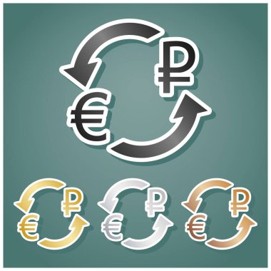 Döviz kurları tabelası. Euro ve Rusya Ruble. Gri, altın, gümüş ve bronz renkli metalik simgeler seti. Beyaz çizgili ve Viridan arka planında gölgeli..