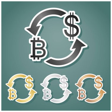 Döviz kurları tabelası. Bitcoin ve US Doları. Gri, altın, gümüş ve bronz renkli metalik simgeler seti. Beyaz çizgili ve Viridan arka planında gölgeli..