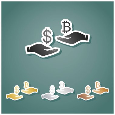 Elden ele para değişimi. Dolar ve Bitcoin. Gri, altın, gümüş ve bronz renkli metalik simgeler seti. Beyaz çizgili ve Viridan arka planında gölgeli..