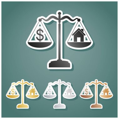 Terazide ev ve dolar sembolü. Gri, altın, gümüş ve bronz renkli metalik simgeler seti. Beyaz çizgili ve Viridan arka planında gölgeli..