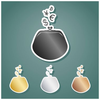 Para birimi sembollü cüzdan imzası. Gri, altın, gümüş ve bronz renkli metalik simgeler seti. Beyaz çizgili ve Viridan arka planında gölgeli..