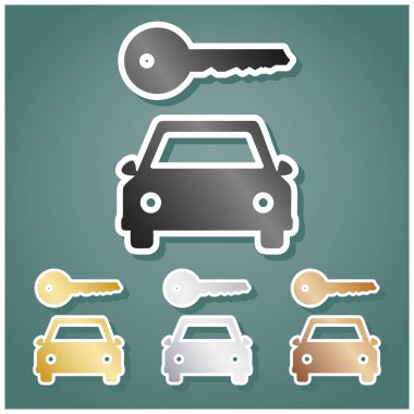 Araba anahtarı basitlik işareti. Gri, altın, gümüş ve bronz renkli metalik simgeler seti. Beyaz çizgili ve Viridan arka planında gölgeli..