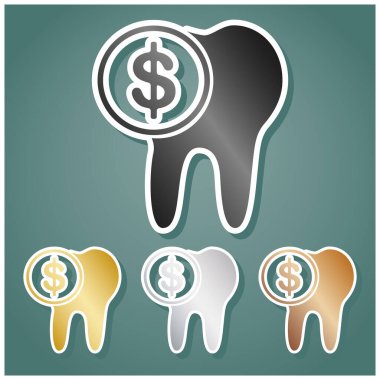 Diş tedavisi tabelasının maliyeti. Gri, altın, gümüş ve bronz renkli metalik simgeler seti. Beyaz çizgili ve Viridan arka planında gölgeli..