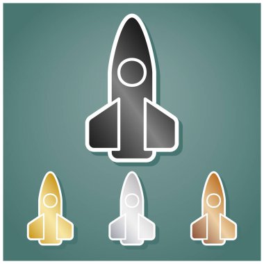 Retro Roket tabela çizimi. Gri, altın, gümüş ve bronz renkli metalik simgeler seti. Beyaz çizgili ve Viridan arka planında gölgeli..