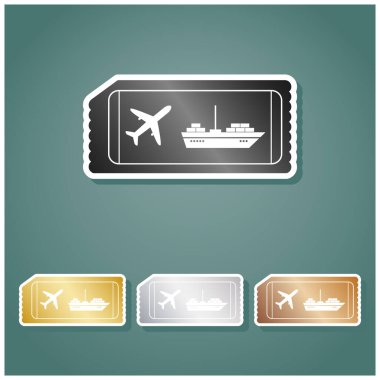 Bilet tabelası. Gri, altın, gümüş ve bronz renkli metalik simgeler seti. Beyaz çizgili ve Viridan arka planında gölgeli..