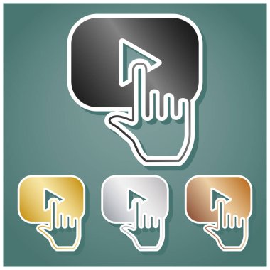 El işaretli düğme simgesini çal. Gri, altın, gümüş ve bronz renkli metalik simgeler seti. Beyaz çizgili ve Viridan arka planında gölgeli..