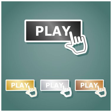 El işaretli düğme simgesini çal. Gri, altın, gümüş ve bronz renkli metalik simgeler seti. Beyaz çizgili ve Viridan arka planında gölgeli..