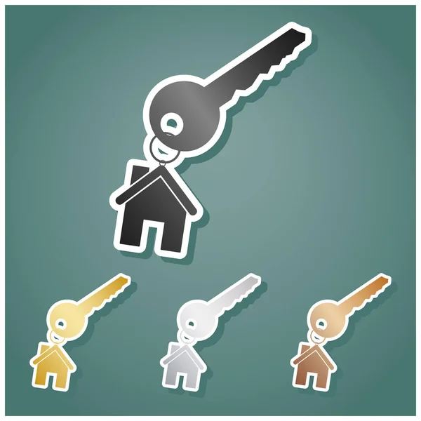 钥匙和钥匙链作为房屋标志 一套带有灰色 银色和青铜梯度的金属图标 背景为白色轮廓和阴影 — 图库矢量图片