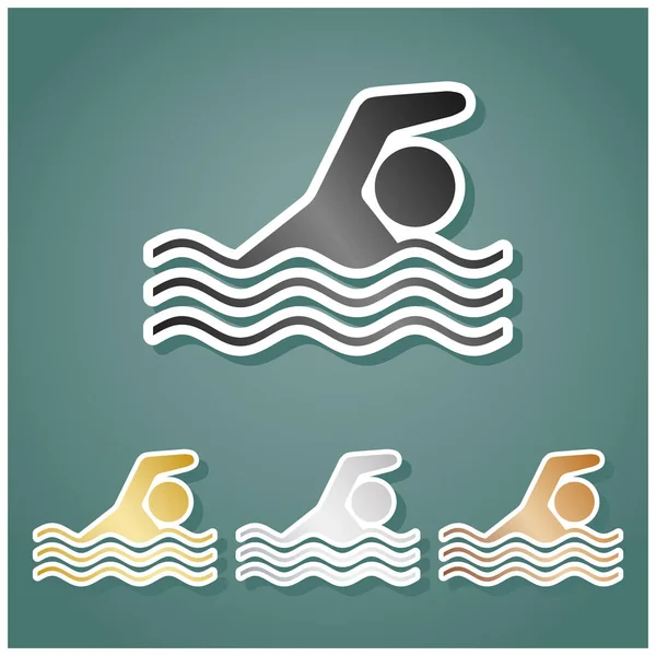 Letrero Natación Set Iconos Metálicos Con Gradiente Gris Dorado Plateado — Vector de stock