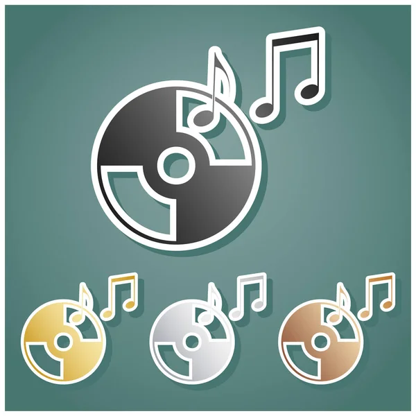 Compact Disk Music Notes Sign Set Metallic Icons Gray Gold — Stock Vector