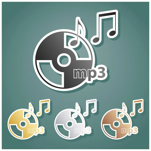 Disco Compacto Con Notas Musicales Signo Mp3 Set Iconos Metálicos — Vector de stock