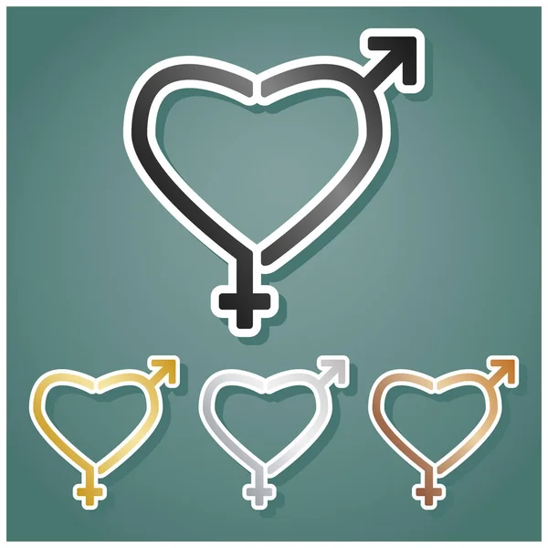 Gender Signs Heart Shape Set Metallic Icons Gray Gold Silver — Stock Vector