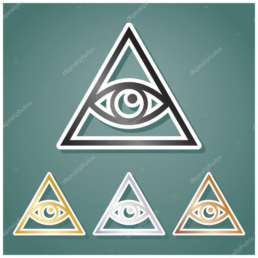 All seeing eye pyramid symbol. Freemason and spiritual. Set of metallic Icons with gray, gold, silver and bronze gradient with white contour and shadow at viridan background.