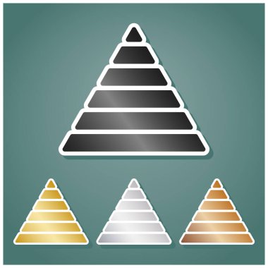 Maslow piramit işareti. Gri, altın, gümüş ve bronz renkli metalik simgeler seti. Beyaz çizgili ve Viridan arka planında gölgeli..