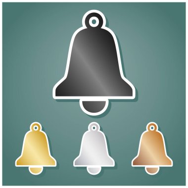 Alarm işareti. Gri, altın, gümüş ve bronz renkli metalik simgeler seti. Beyaz çizgili ve Viridan arka planında gölgeli..