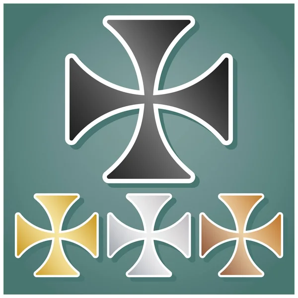 マルタ十字記号 青銅のグラデーションを背景に白い輪郭と影を持つ金属のアイコンのセット — ストックベクタ