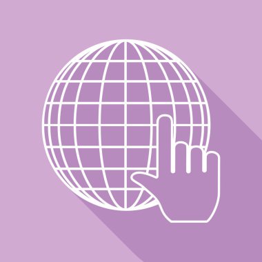 İmleci olan Dünya Küresi. Mor arkaplanda uzun gölgesi olan beyaz simge.