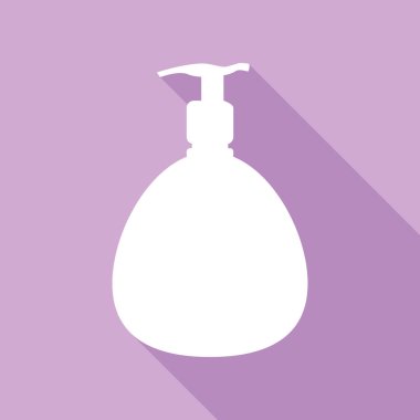 Jel, köpük, Sıvı Sabun. Dispansör Plastik Şişe. Mor arkaplanda uzun gölgesi olan beyaz simge.