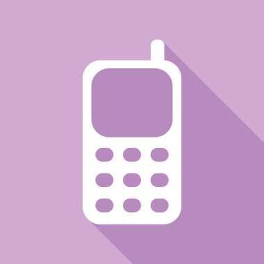 Cep telefonu işareti. Mor arkaplanda uzun gölgesi olan beyaz simge.