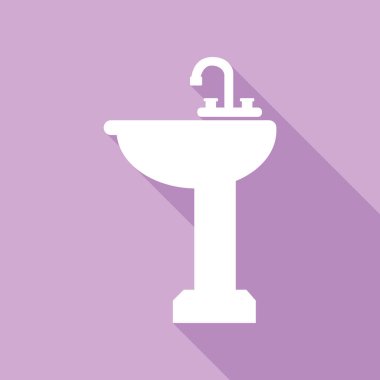 Lavabo tabelası. Mor arkaplanda uzun gölgesi olan beyaz simge.