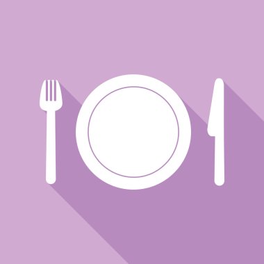 Çatal, tabak ve bıçak. Mor arkaplanda uzun gölgesi olan beyaz simge.