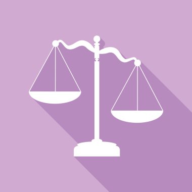 Adalet pulları işareti. Mor arkaplanda uzun gölgesi olan beyaz simge.