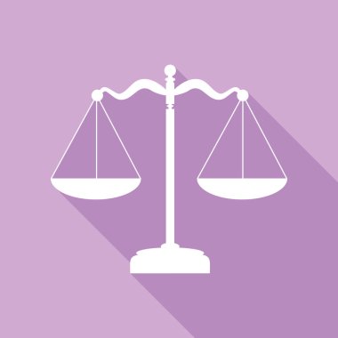 Ölçek dengesi işareti. Mor arkaplanda uzun gölgesi olan beyaz simge.