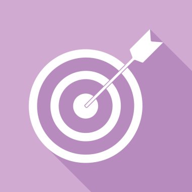 Dartlı hedef. Mor arkaplanda uzun gölgesi olan beyaz simge.