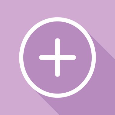 Pozitif sembol artı işareti. Mor arkaplanda uzun gölgesi olan beyaz simge.